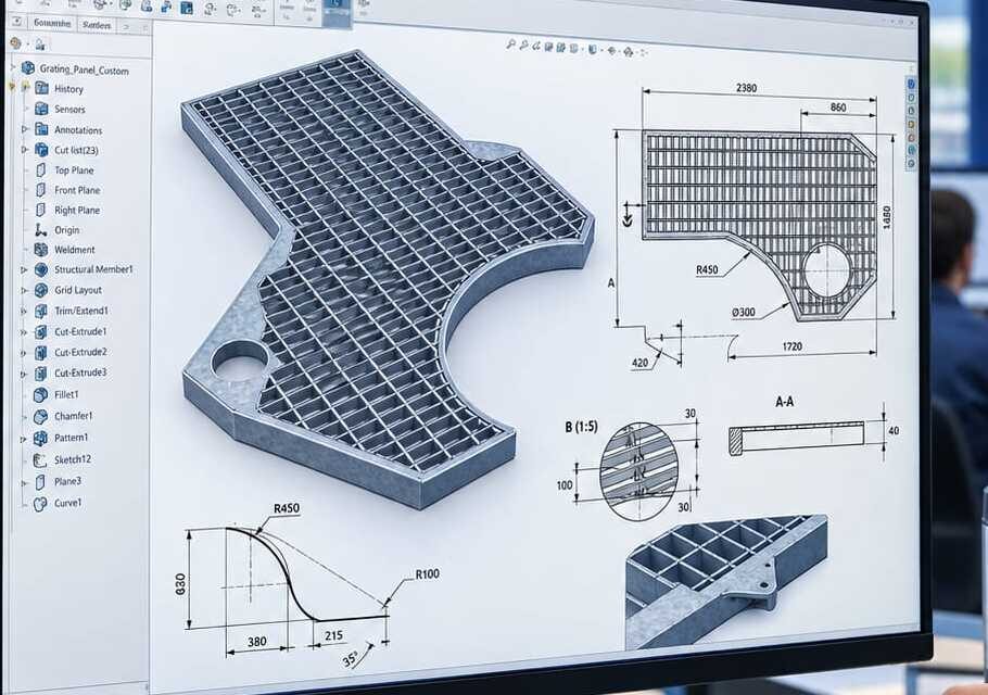 Модель нестандартной панели решетчатого настила сложной формы в CAD