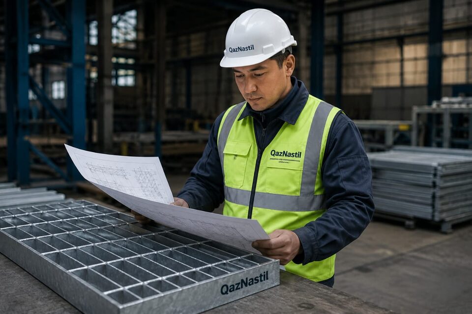 Специалист QazNastil сверяет чертеж с готовыми панелями настила